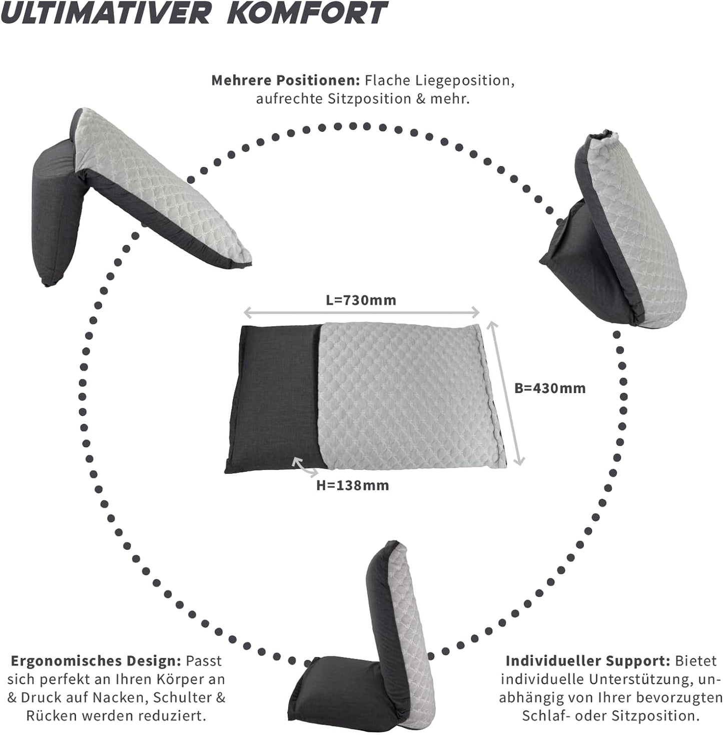 MaxxGoods Multifunktion Klappkissen, aus Polyurethan Schaumstoff & 100% Baumwollbezug, Stuhlkissen, Kissen für Sitzposition, Liegepositionen für Schlafzimmer, Wohnzimmer und Büro (73 x 43 x 13,8 cm)
