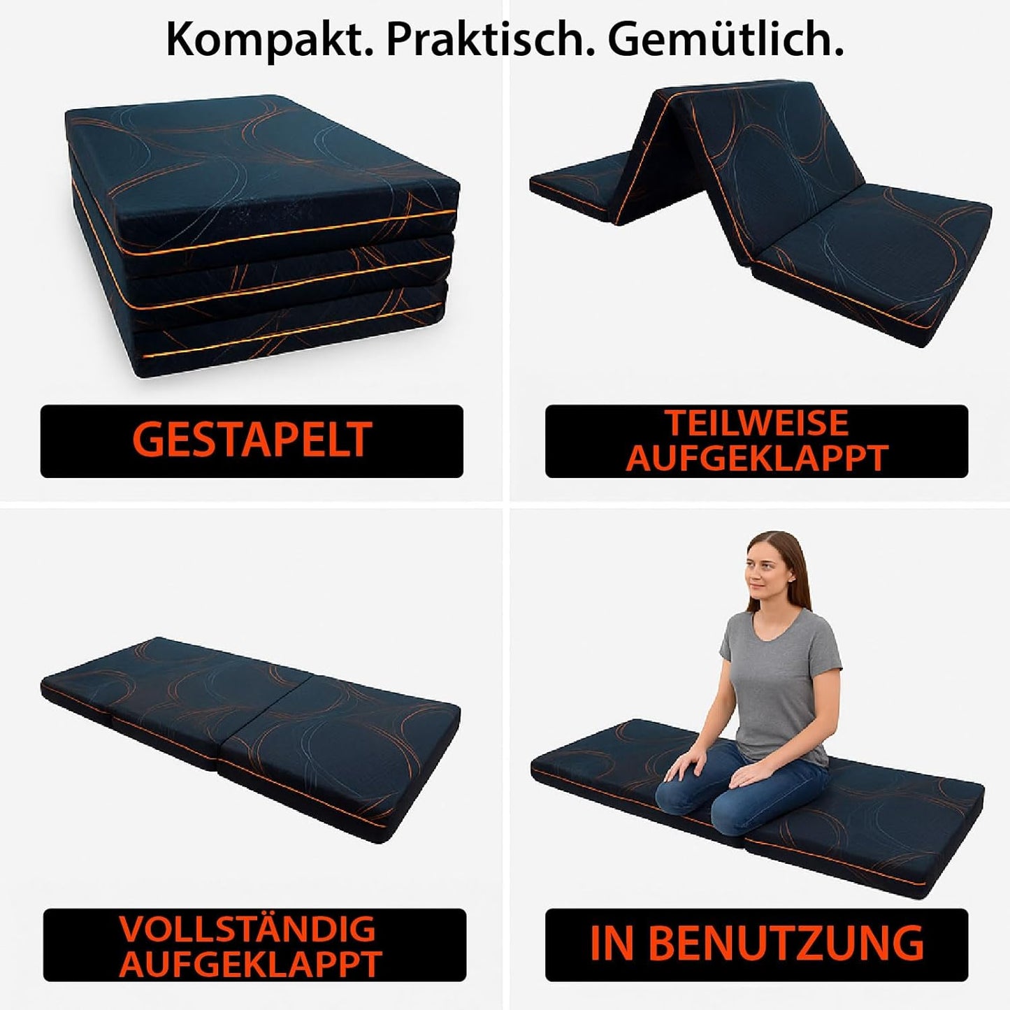 Klappmatratze 3-teilige Faltmatratze 90x190x10 cm - Faltbare Gästematratze mit Komfort-Schaumstoff, klappbar & platzsparend Matratze - waschbarer Bezug - Reisebett für Erwachsene & Kinder